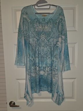Studio Gem Aqua Paisley Asymmetrical Tunic with Embellished V-Neck